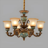 Traditional Antique Brass Ceramic Chandelier Frosted Glass Image - 5