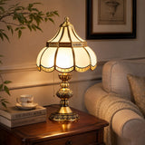 Traditional Brass Scalloped Glass Pull Chain Table Lamp Image - 4