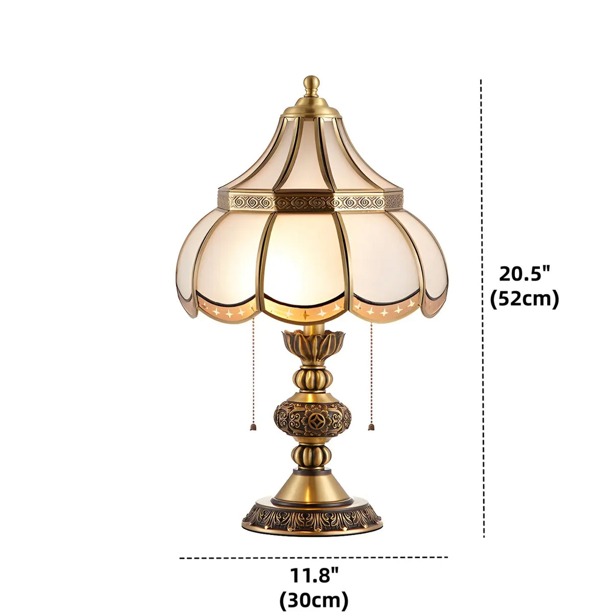 Traditional Brass Scalloped Glass Pull Chain Table Lamp 