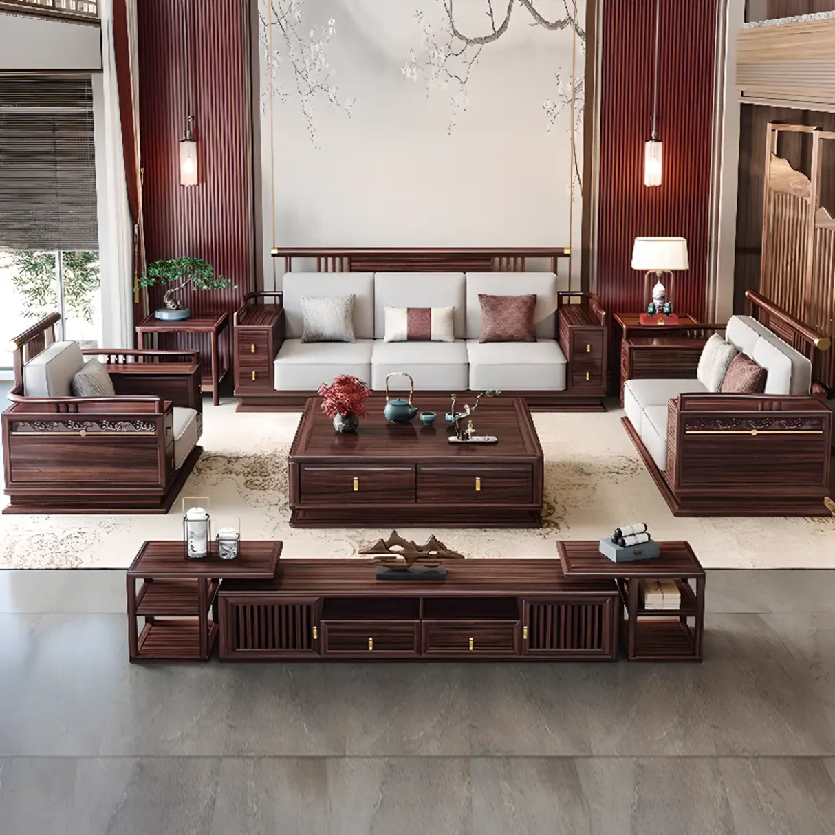 Traditional Brown Cotton Linen Wooden Frame Sofa Image - 1