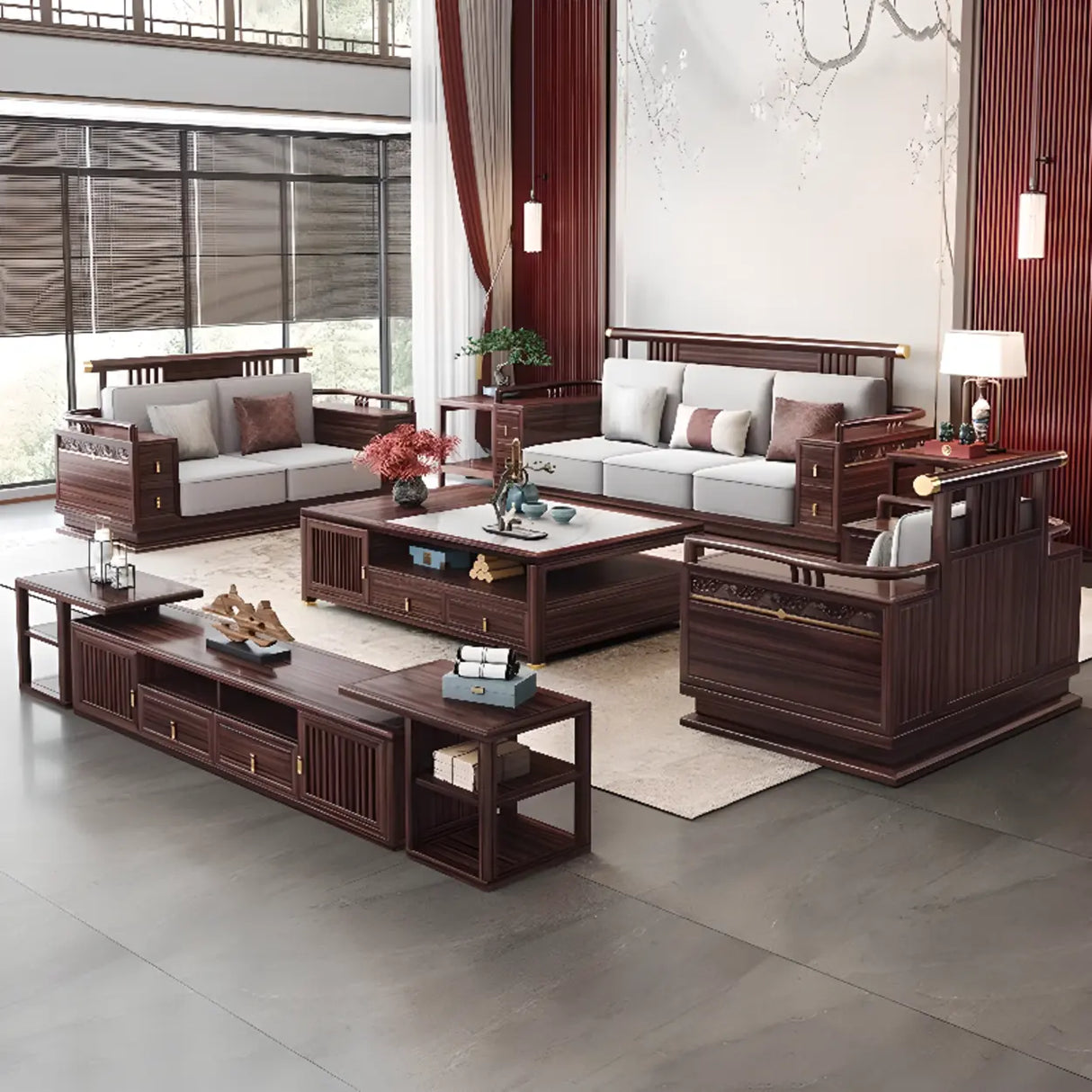Traditional Brown Cotton Linen Wooden Frame Sofa Image - 4