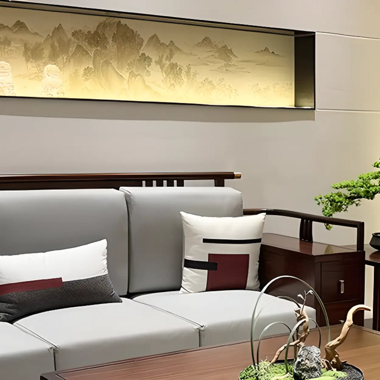 Traditional Brown Cotton Linen Wooden Frame Sofa Image - 6