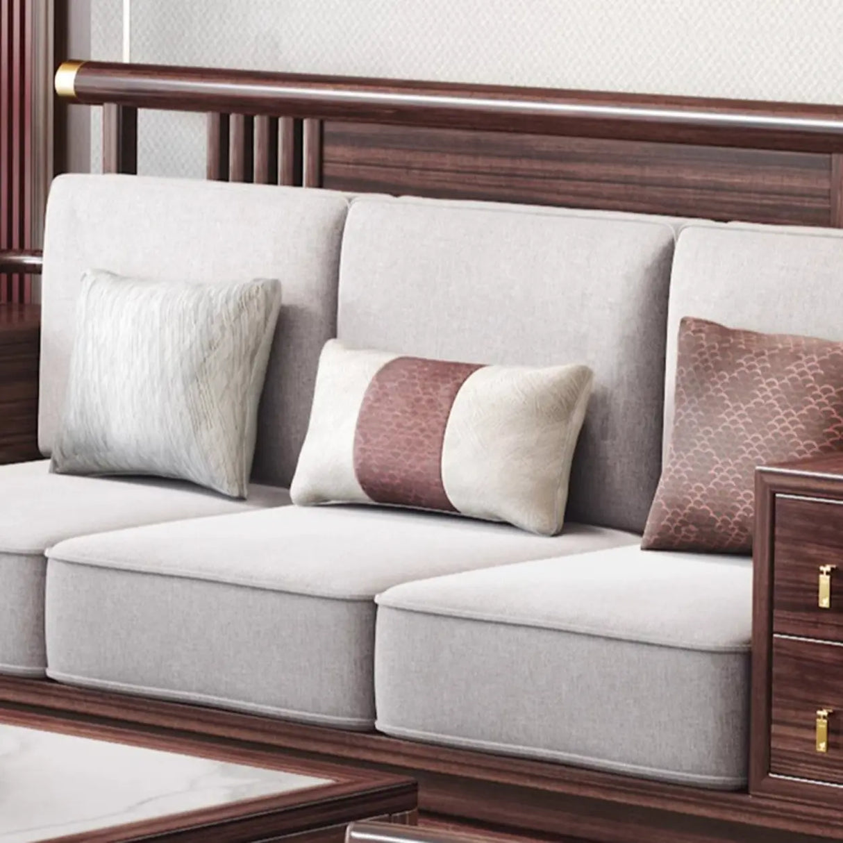 Traditional Brown Cotton Linen Wooden Frame Sofa Image - 7