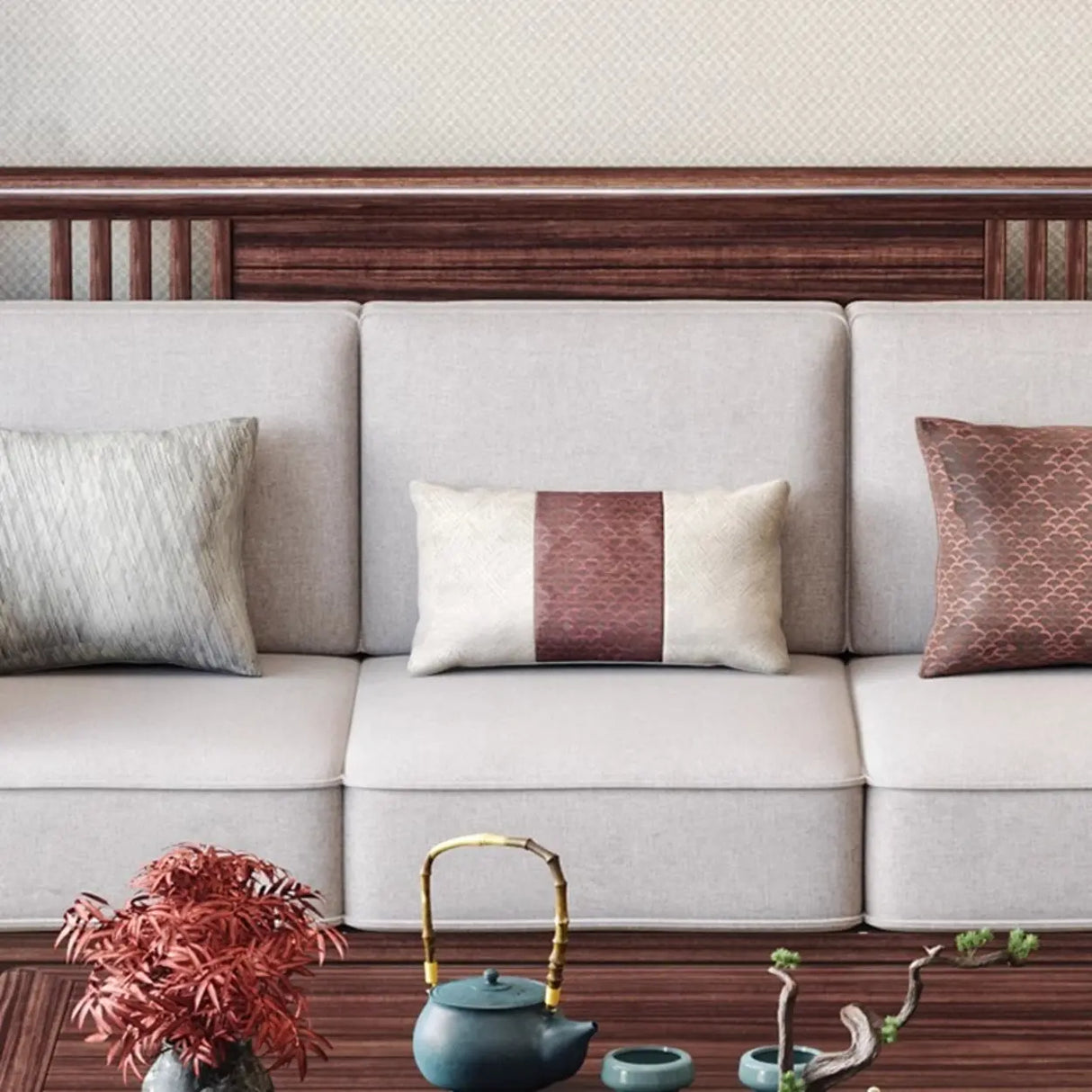 Traditional Brown Cotton Linen Wooden Frame Sofa Image - 9