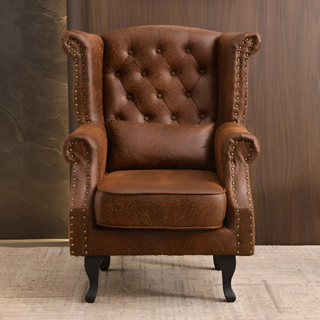 Traditional Brown Suede Tufted Back Wingback Chair Image - 1
