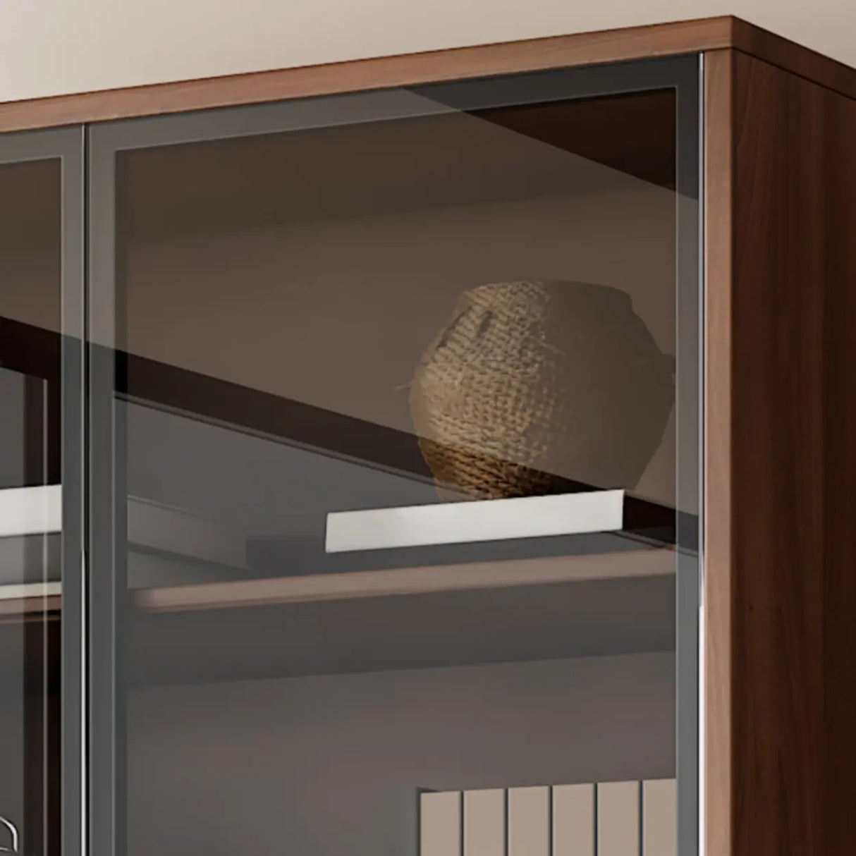 Traditional Brown Walnut Tall Glass Storage Bookcase Image - 1