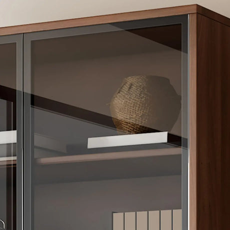Traditional Brown Walnut Tall Glass Storage Bookcase Image - 1