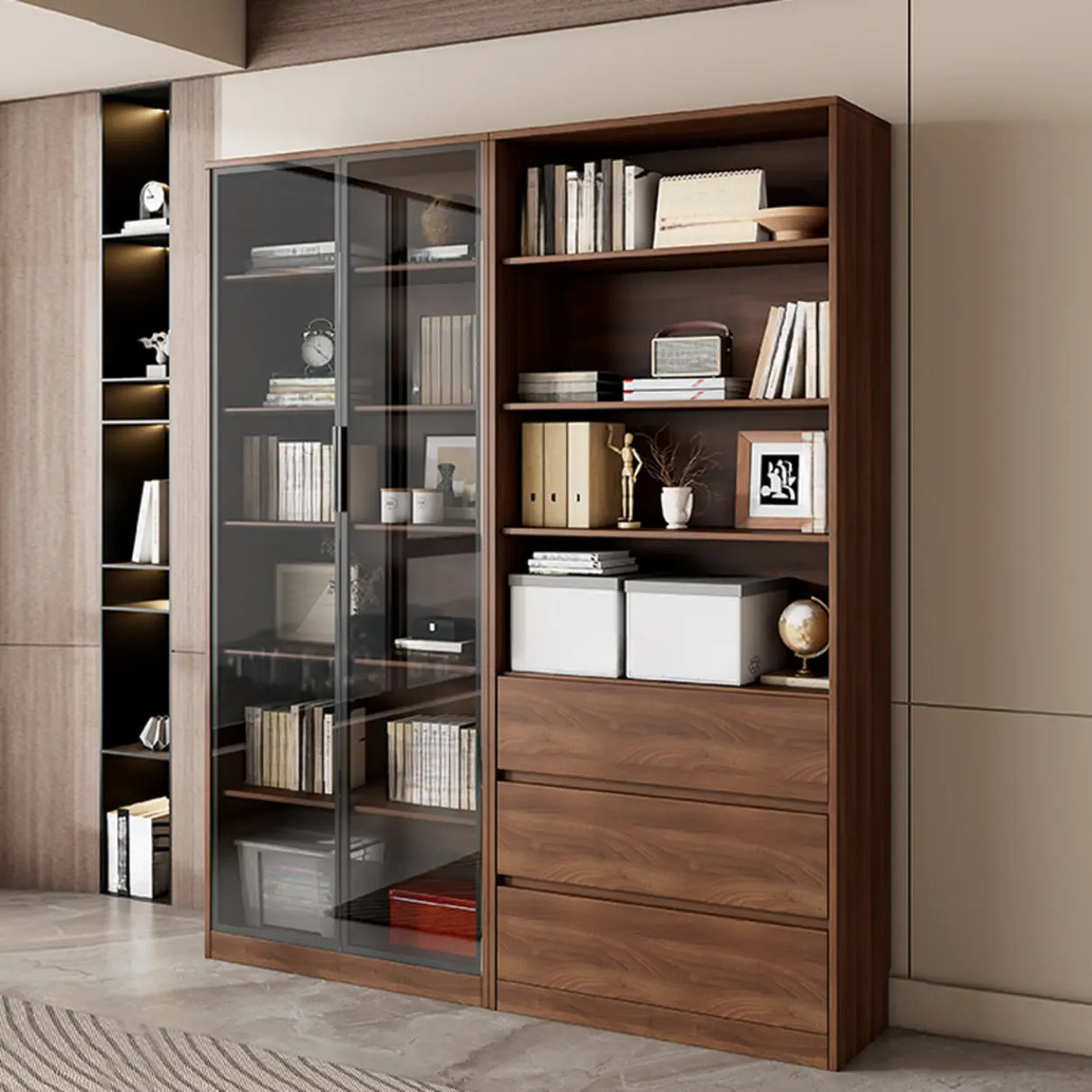 Traditional Brown Walnut Tall Glass Storage Bookcase Image - 10