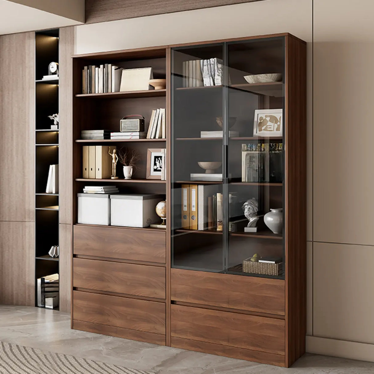 Traditional Brown Walnut Tall Glass Storage Bookcase Image - 11