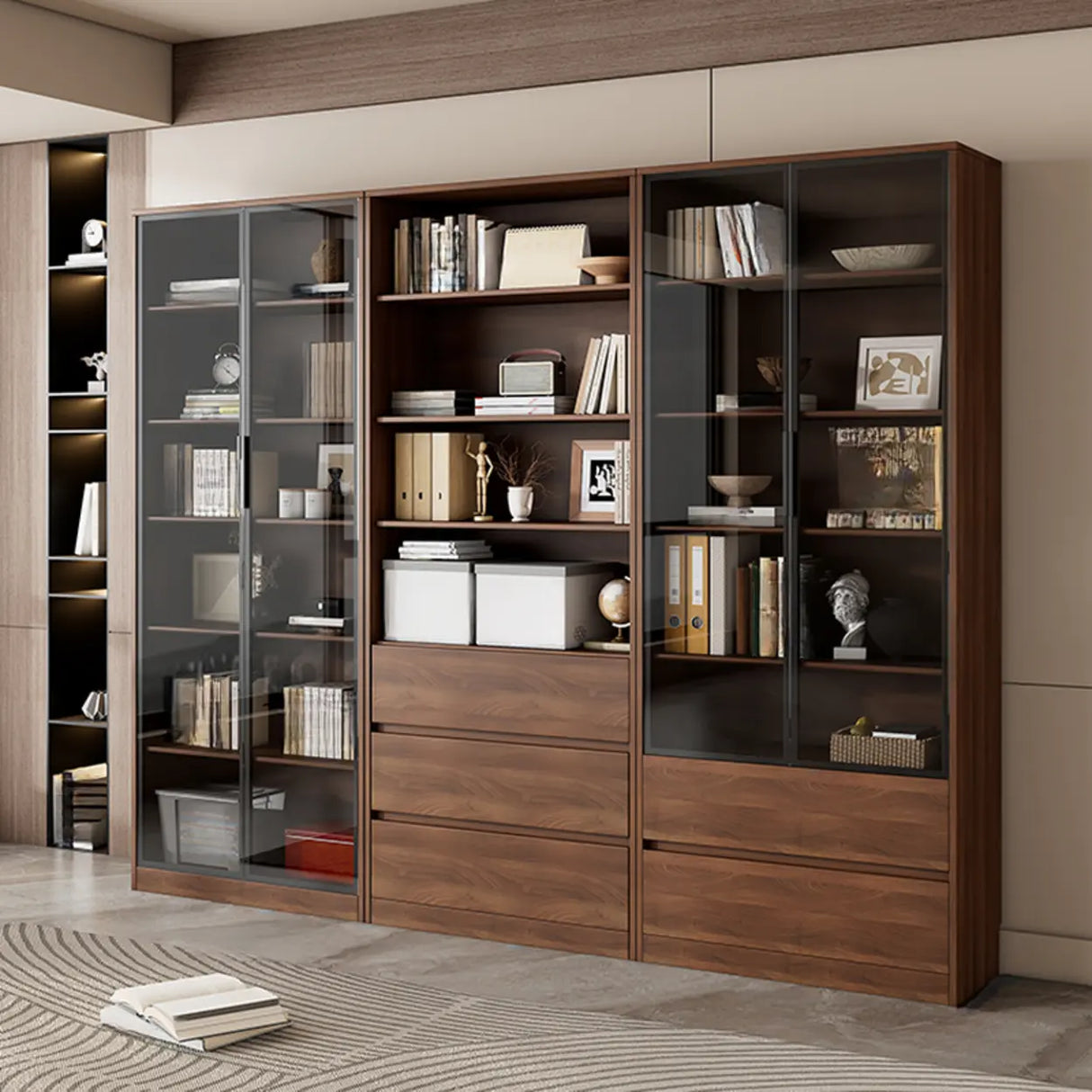 Traditional Brown Walnut Tall Glass Storage Bookcase Image - 12