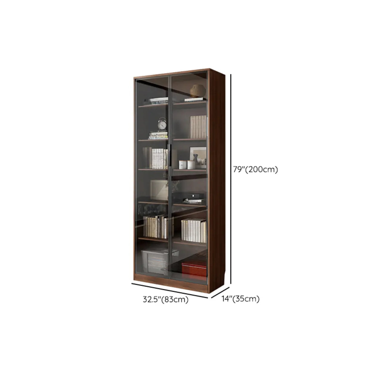 Traditional Brown Walnut Tall Glass Storage Bookcase Image - 15