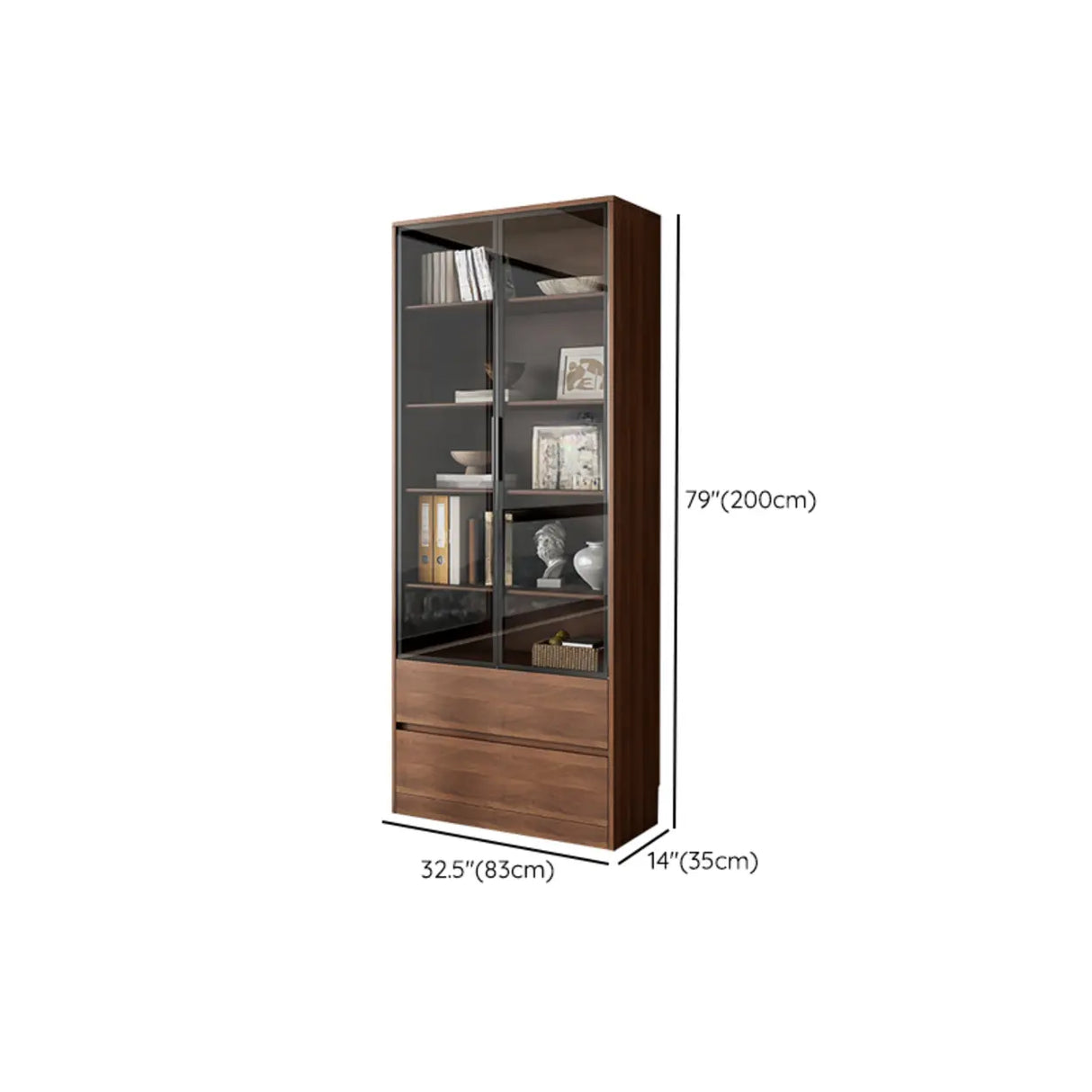Traditional Brown Walnut Tall Glass Storage Bookcase Image - 16