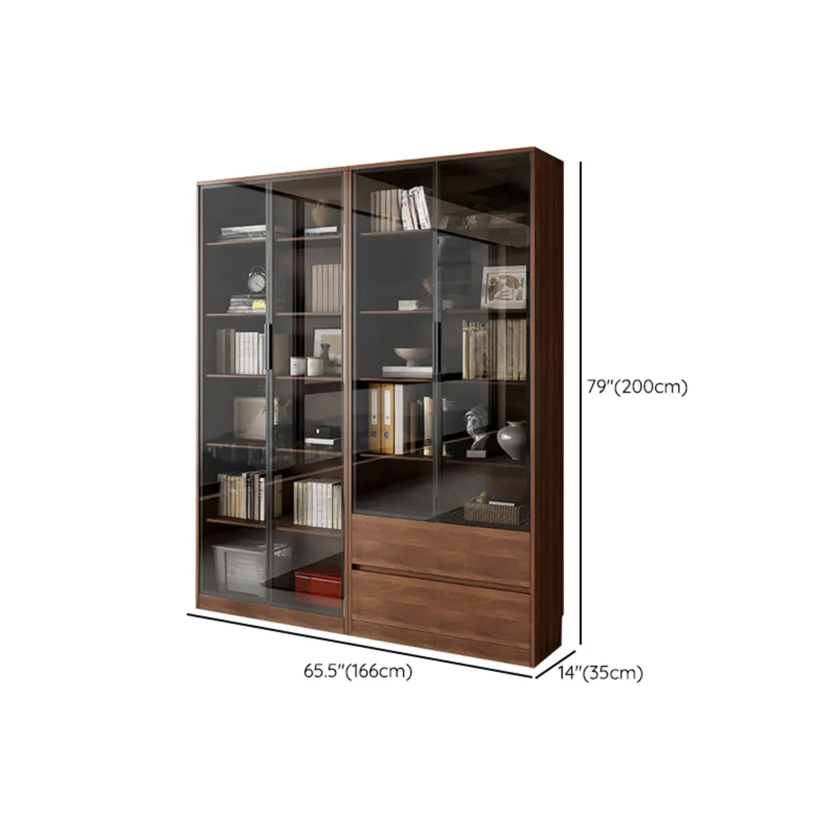 Traditional Brown Walnut Tall Glass Storage Bookcase Image - 18