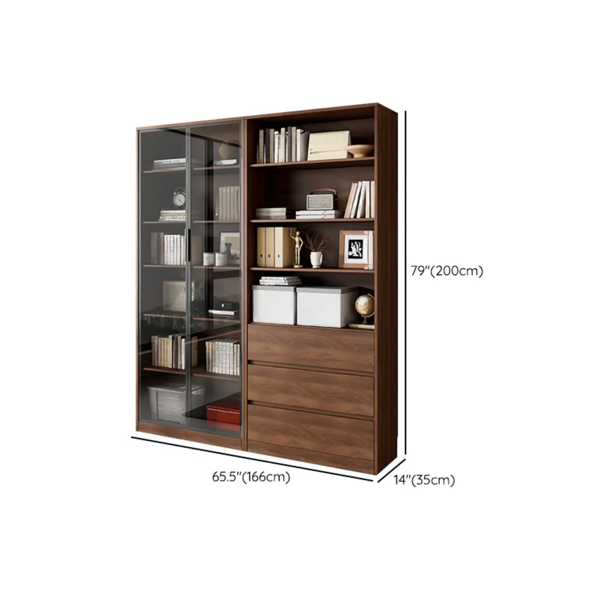 Traditional Brown Walnut Tall Glass Storage Bookcase Image - 19