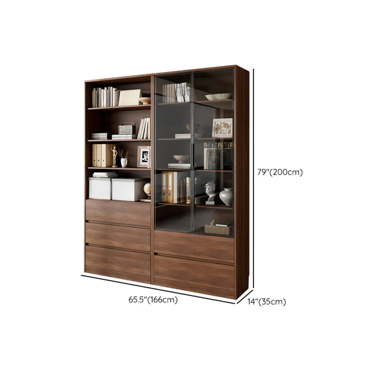 Traditional Brown Walnut Tall Glass Storage Bookcase Image - 20