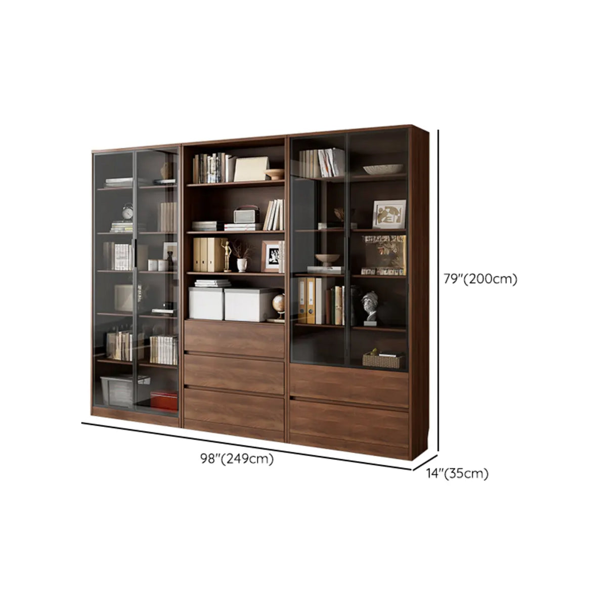 Traditional Brown Walnut Tall Glass Storage Bookcase Image - 21