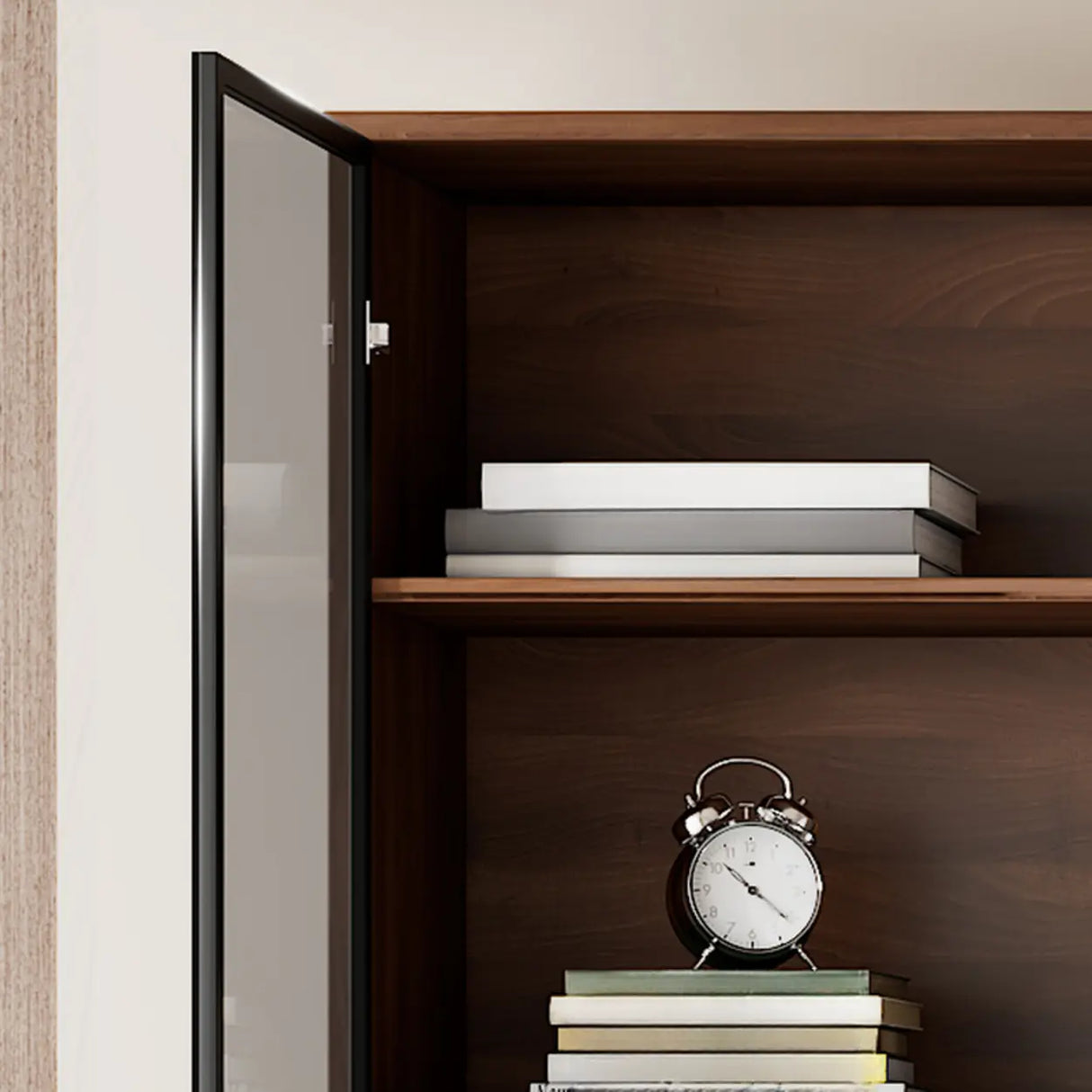 Traditional Brown Walnut Tall Glass Storage Bookcase Image - 4