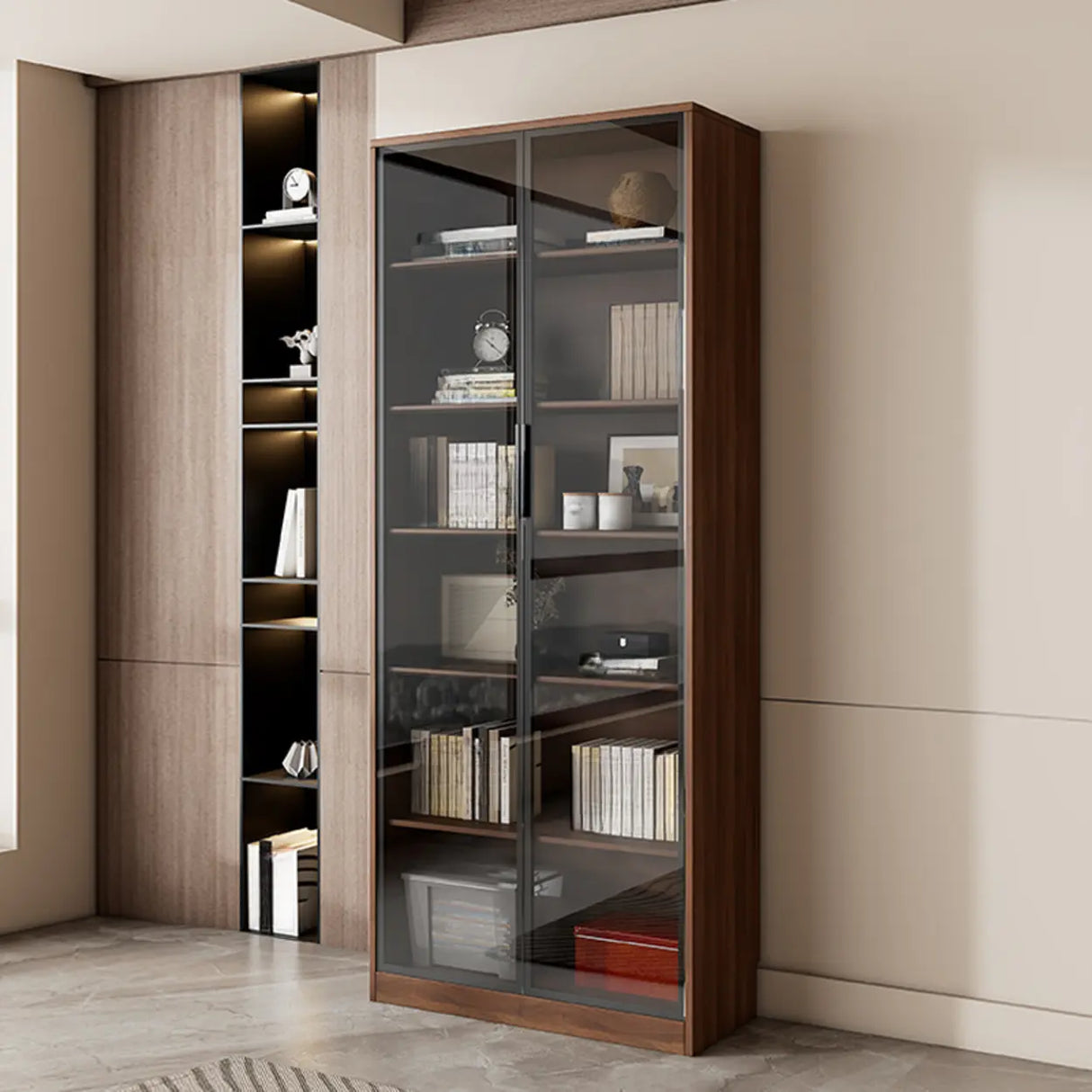 Traditional Brown Walnut Tall Glass Storage Bookcase Image - 5