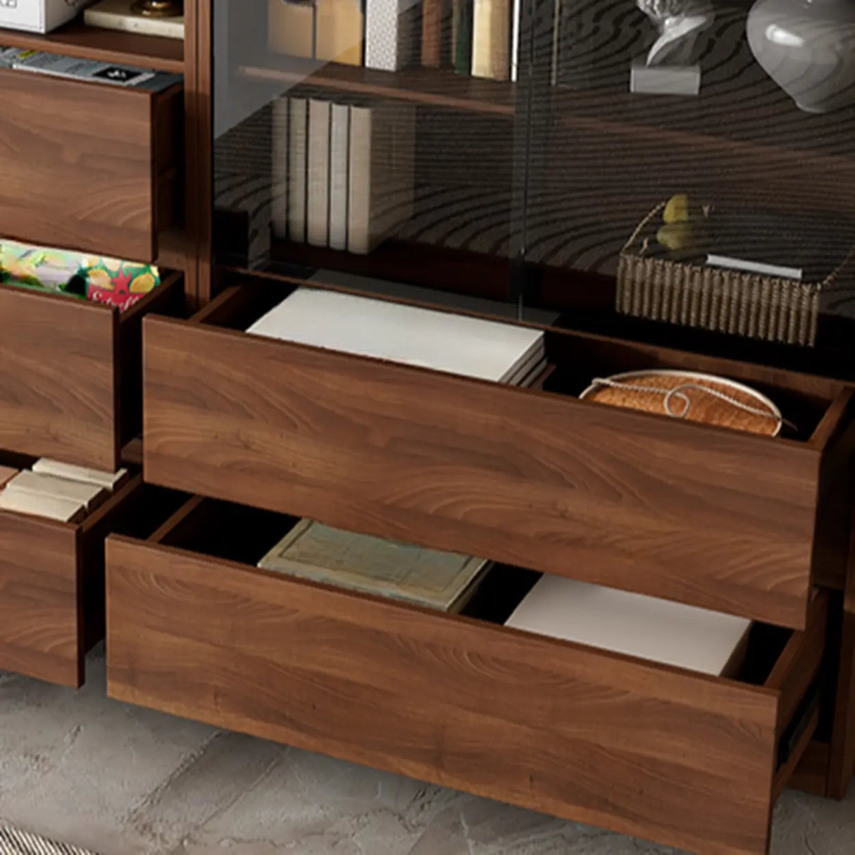 Traditional Brown Walnut Tall Glass Storage Bookcase Image - 6