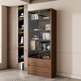 Traditional Brown Walnut Tall Glass Storage Bookcase Image - 7