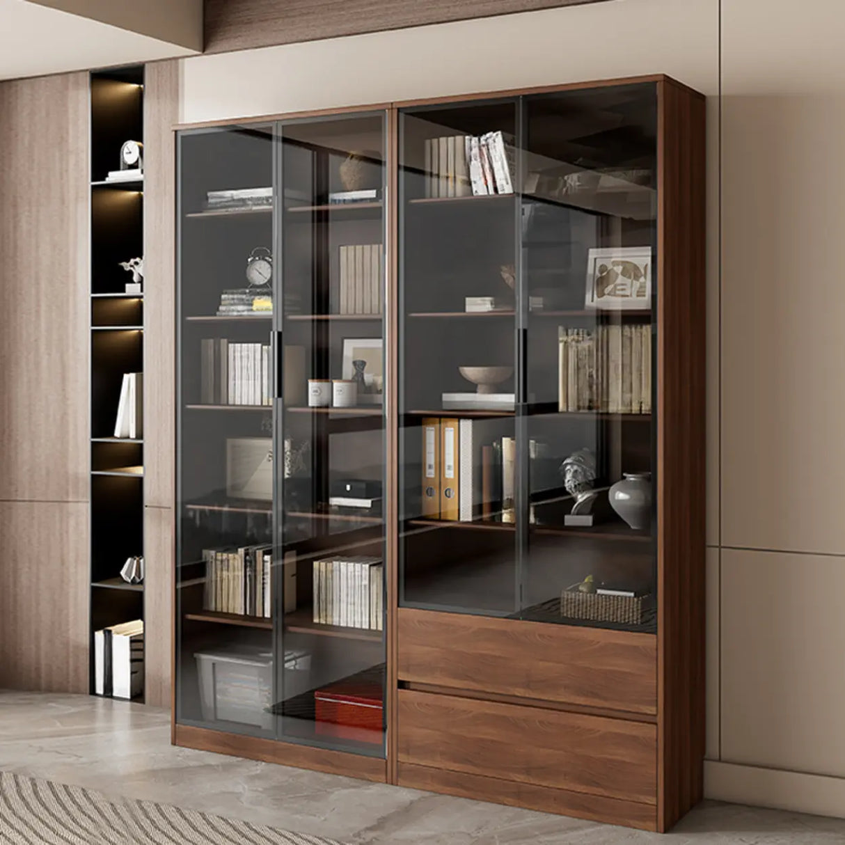 Traditional Brown Walnut Tall Glass Storage Bookcase Image - 8