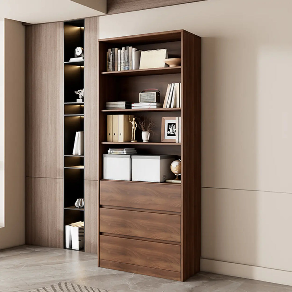 Traditional Brown Walnut Tall Glass Storage Bookcase Image - 9