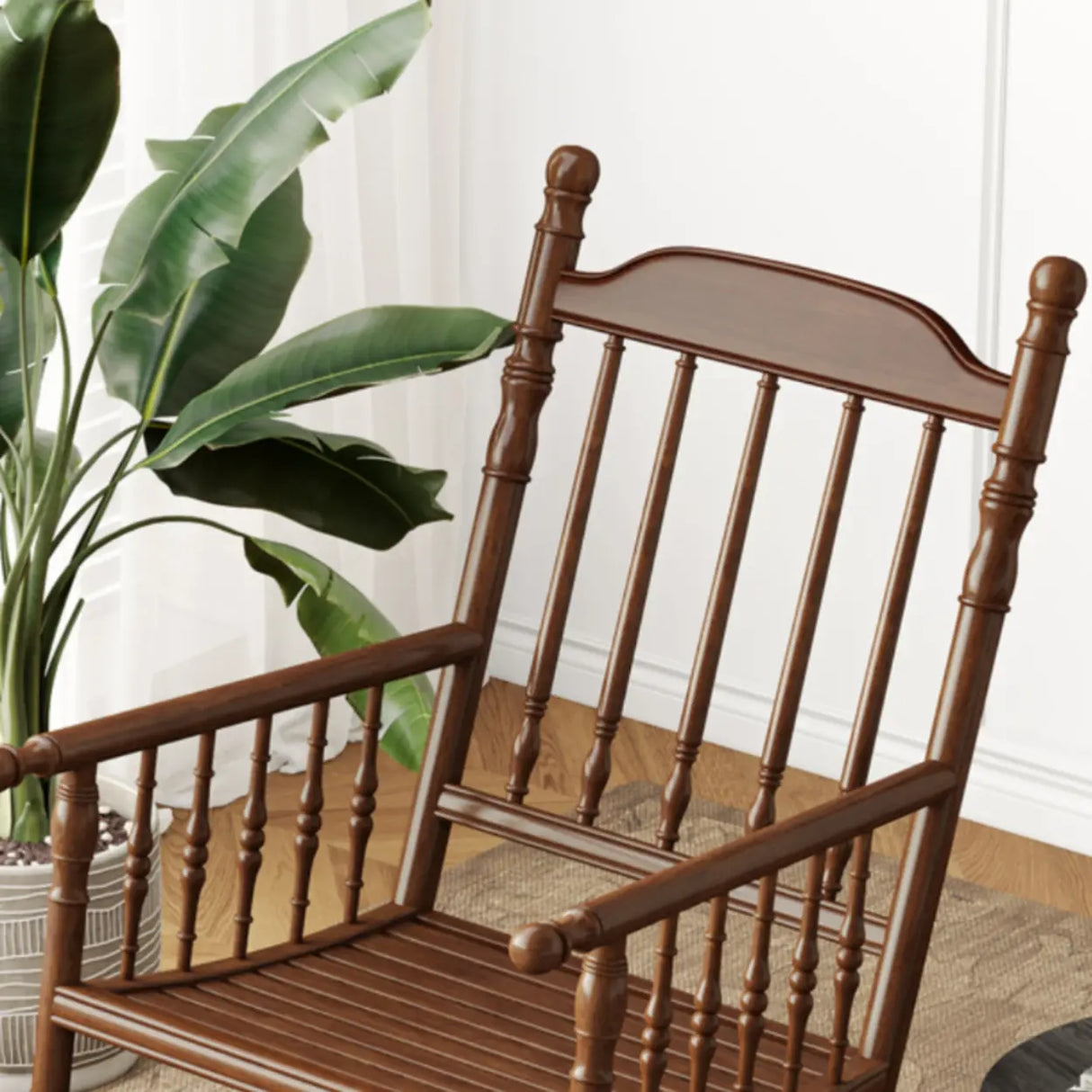 Traditional Brown Wood Rocking Chair with Track Arms Image - 10