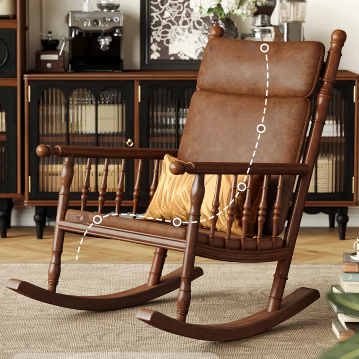 Traditional Brown Wood Rocking Chair with Track Arms Image - 3