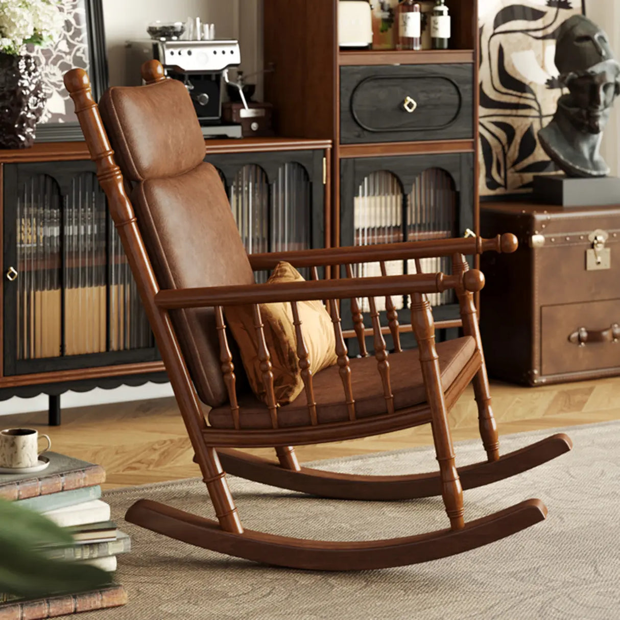Traditional Brown Wood Rocking Chair with Track Arms Image - 5