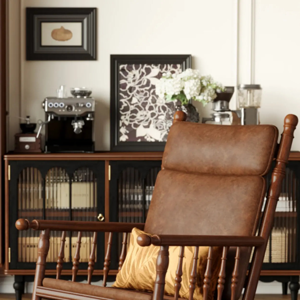 Traditional Brown Wood Rocking Chair with Track Arms Image - 6