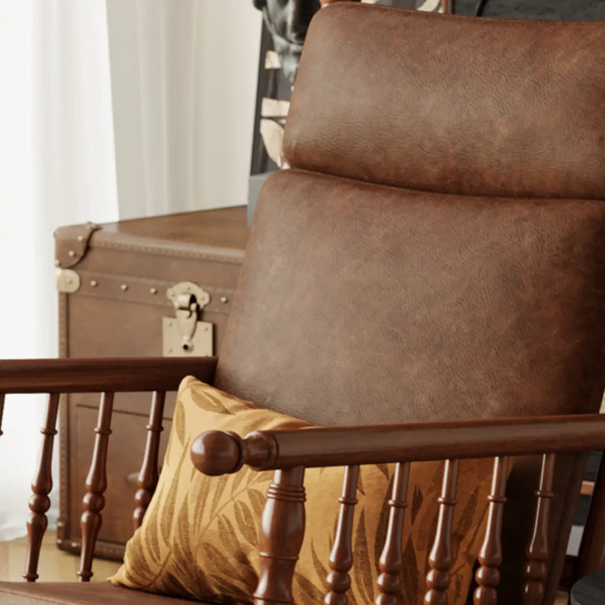 Traditional Brown Wood Rocking Chair with Track Arms Image - 9