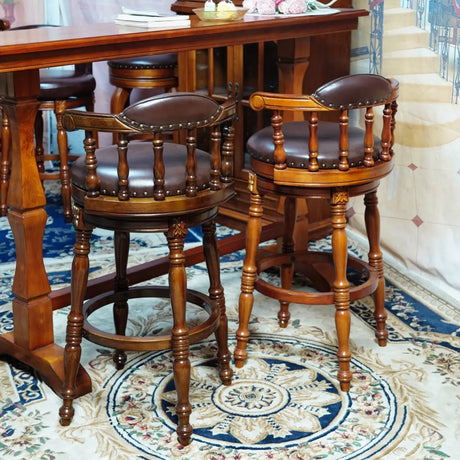 Traditional Classic Wood Swivel Leather Padded Seat Bar Stool Image - 1