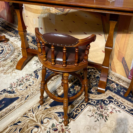 Traditional Classic Wood Swivel Leather Padded Seat Bar Stool Image - 2