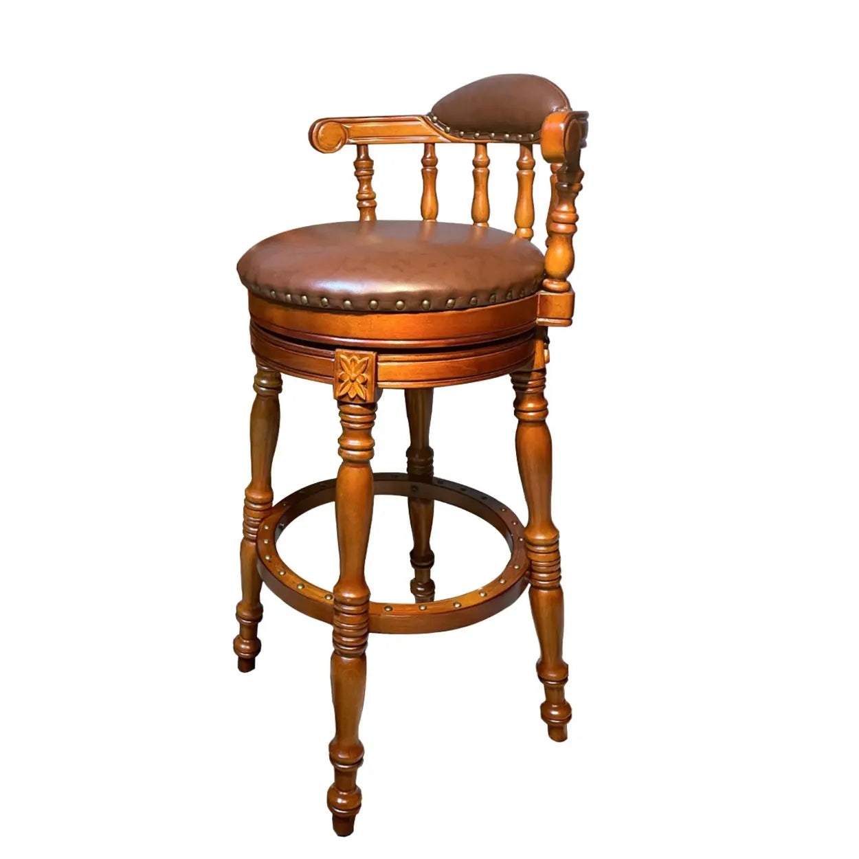 Traditional Classic Wood Swivel Leather Padded Seat Bar Stool Image - 3
