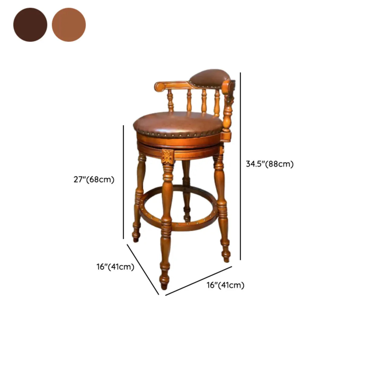 Traditional Classic Wood Swivel Leather Padded Seat Bar Stool Image - 7