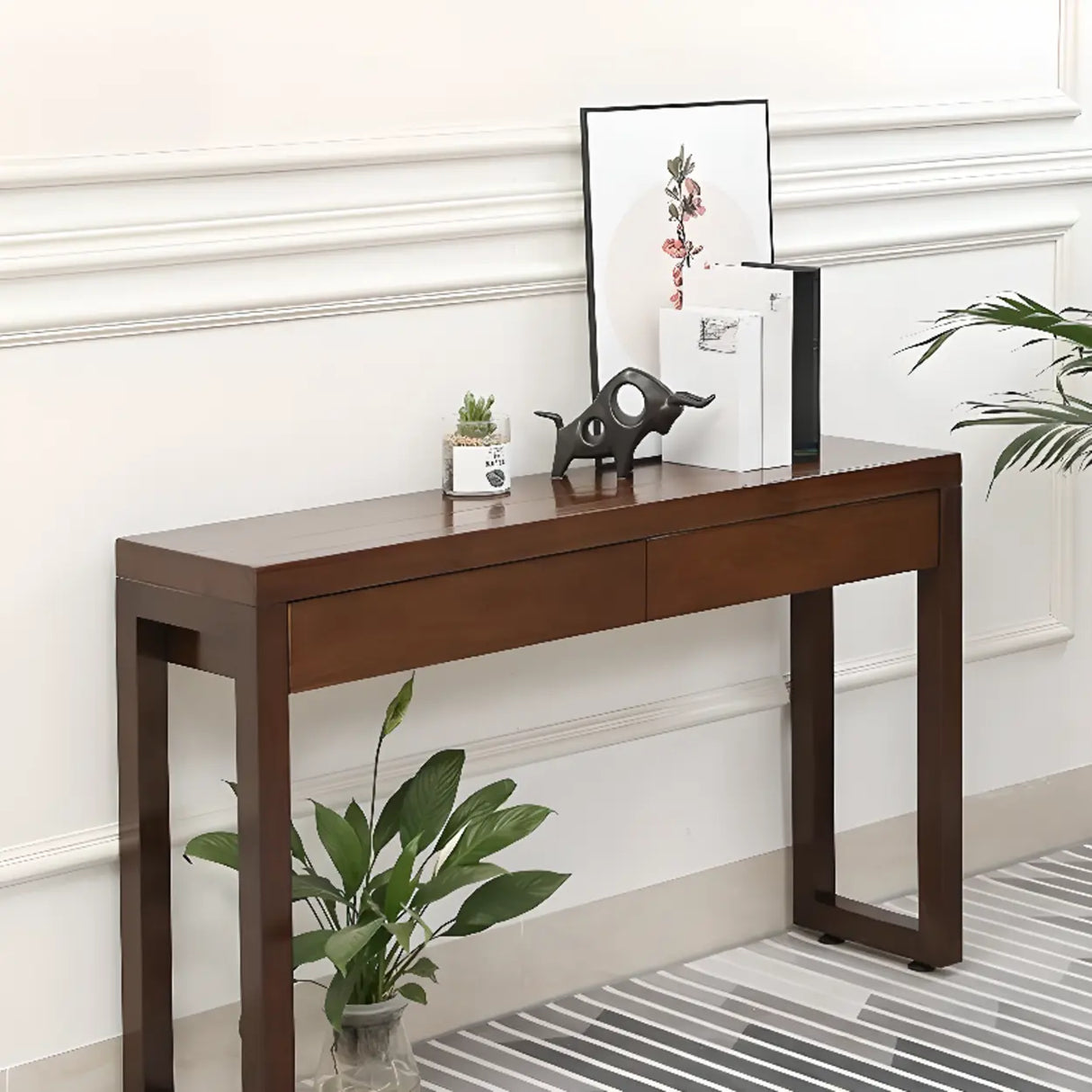 Traditional Cocoa Brown Rectangle Wood Storage Console Table Image - 3