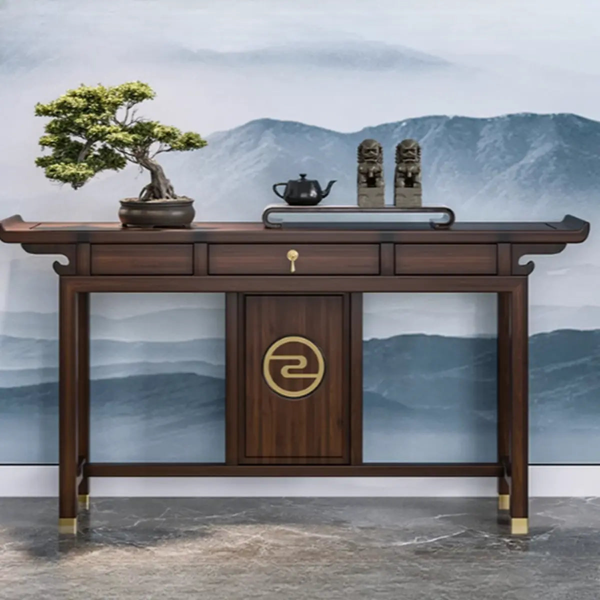 Traditional Curved Walnut Storage Console Table with Drawers Image - 1