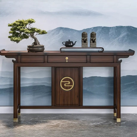 Traditional Curved Walnut Storage Console Table with Drawers Image - 1