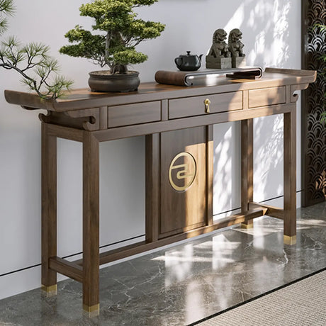 Traditional Curved Walnut Storage Console Table with Drawers Image - 2