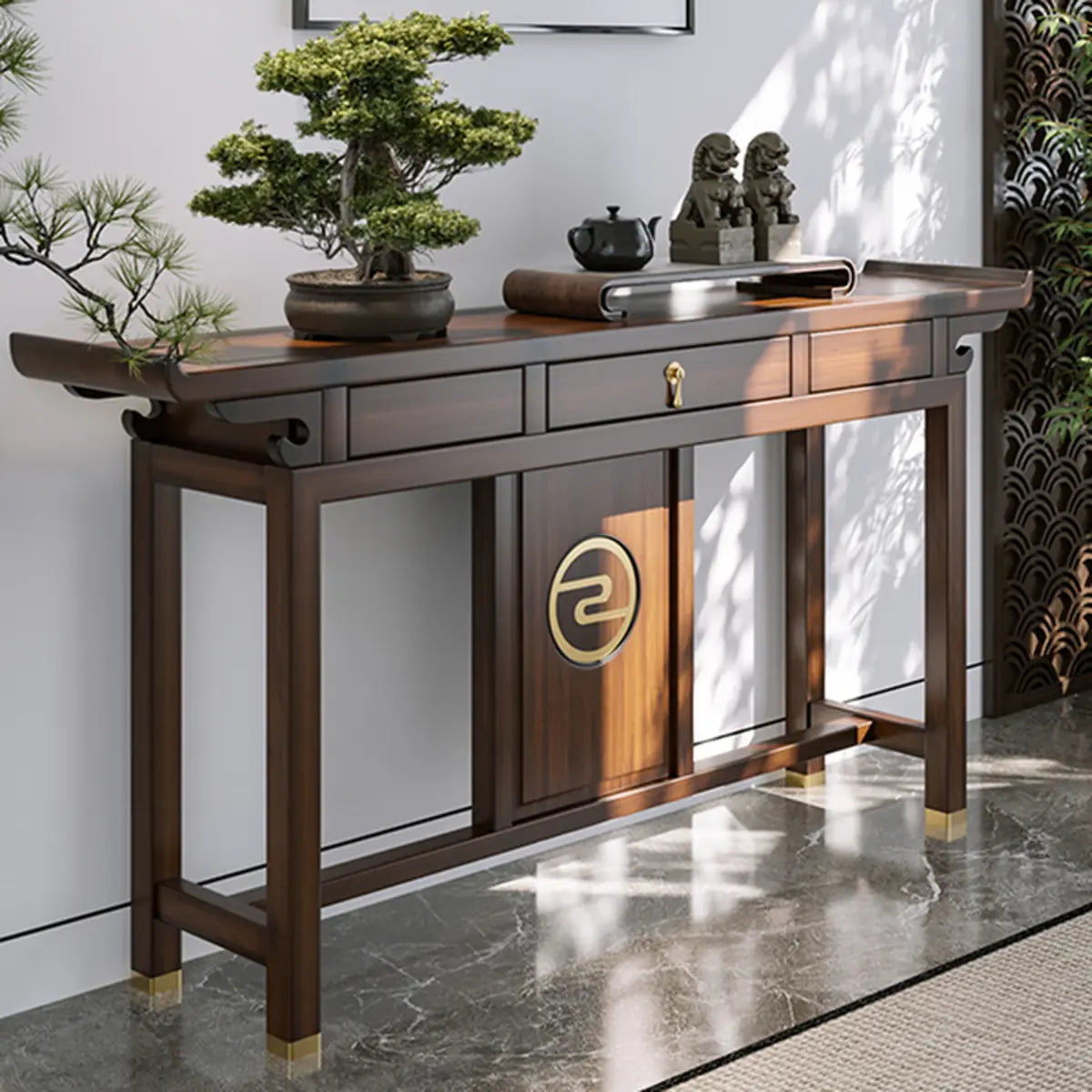 Traditional Curved Walnut Storage Console Table with Drawers Image - 3