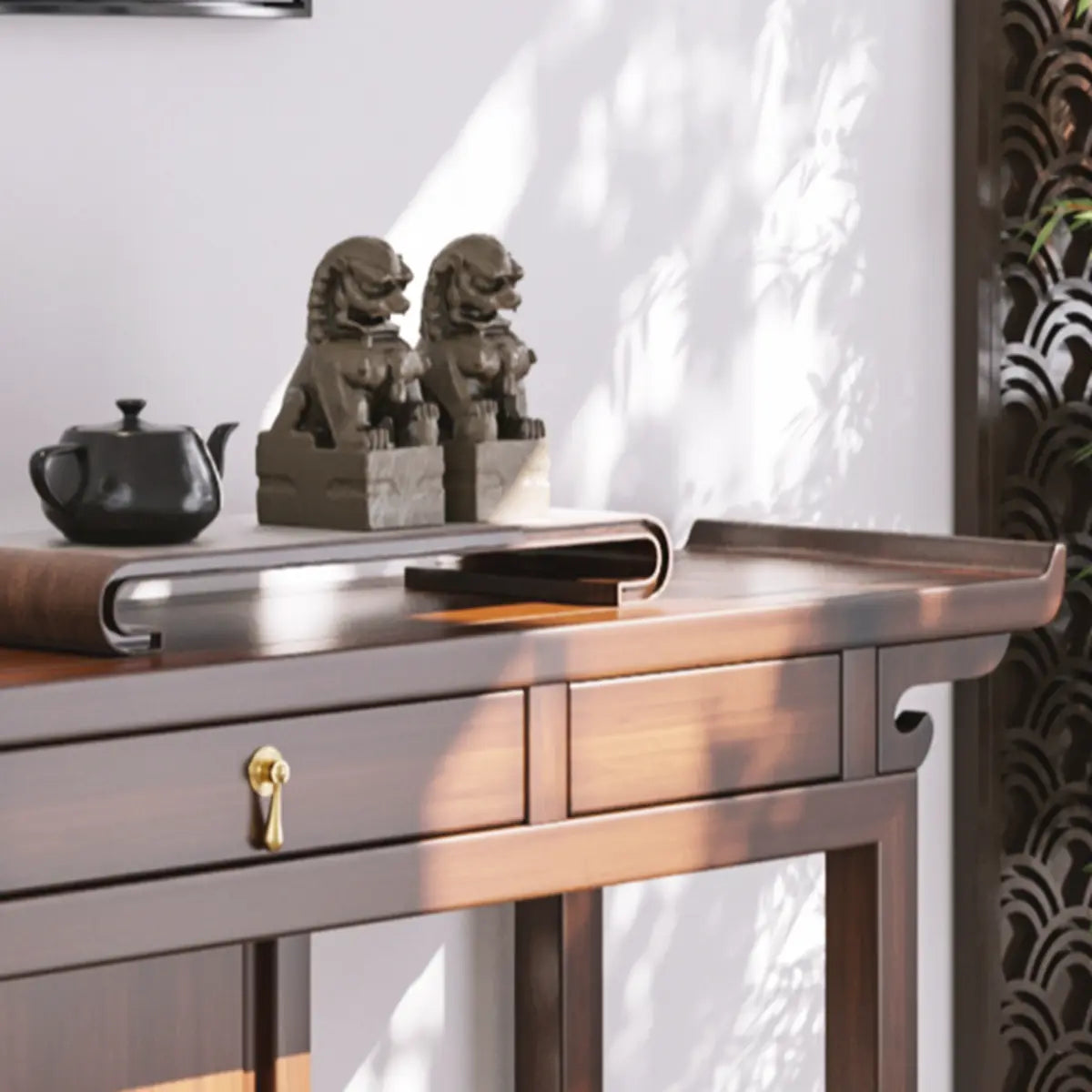 Traditional Curved Walnut Storage Console Table with Drawers Image - 4