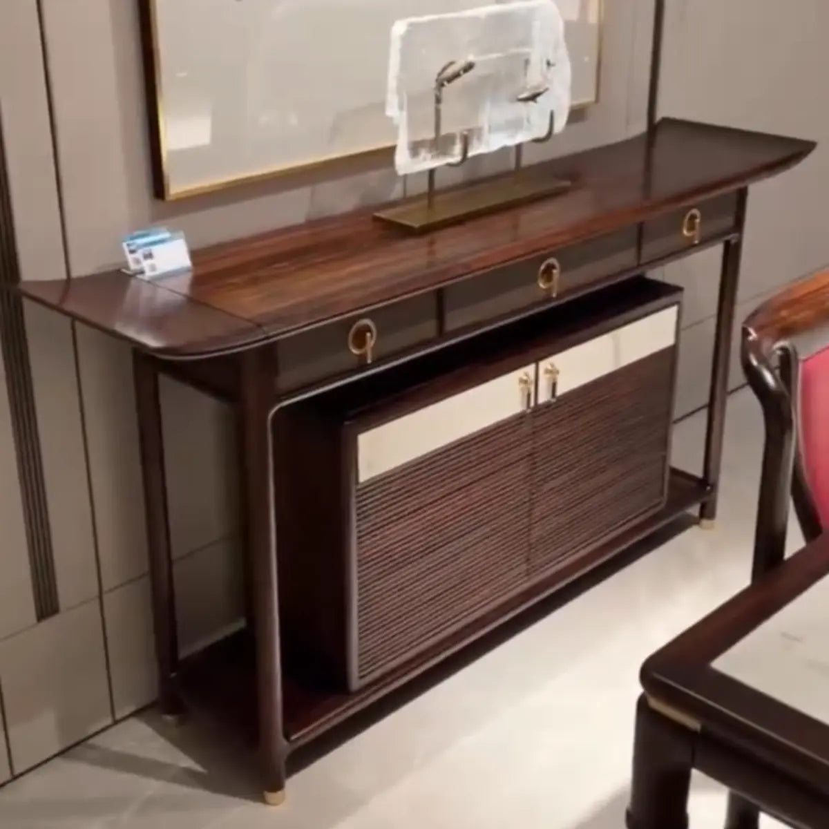 Traditional Curved Wood Dark Brown Floor Shelf Console Table Image - 1