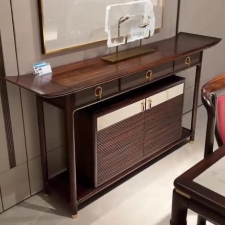 Traditional Curved Wood Dark Brown Floor Shelf Console Table Image - 1