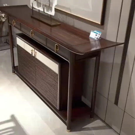 Traditional Curved Wood Dark Brown Floor Shelf Console Table Image - 2