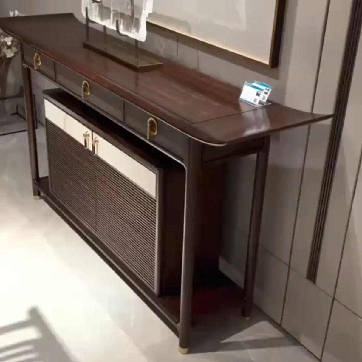 Traditional Curved Wood Dark Brown Floor Shelf Console Table Image - 2