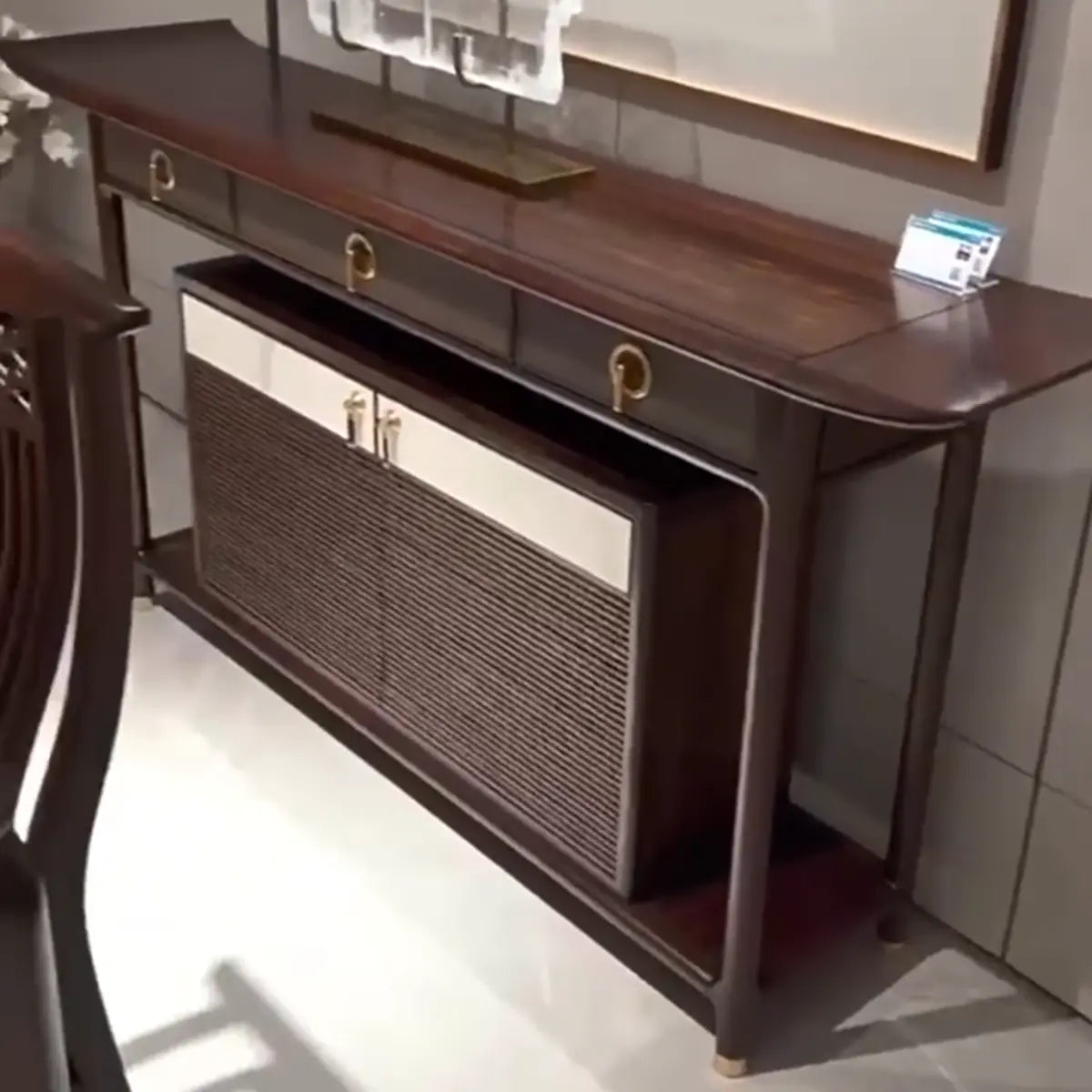Traditional Curved Wood Dark Brown Floor Shelf Console Table Image - 3