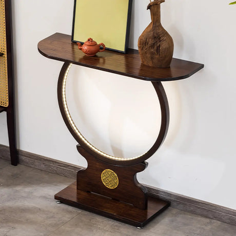 Traditional Dark Brown Circle Wood LED Console Table Image - 1