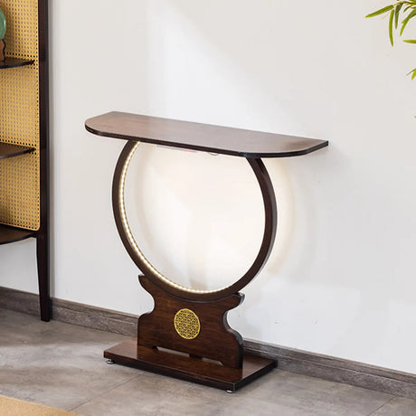 Traditional Dark Brown Circle Wood LED Console Table Image - 2