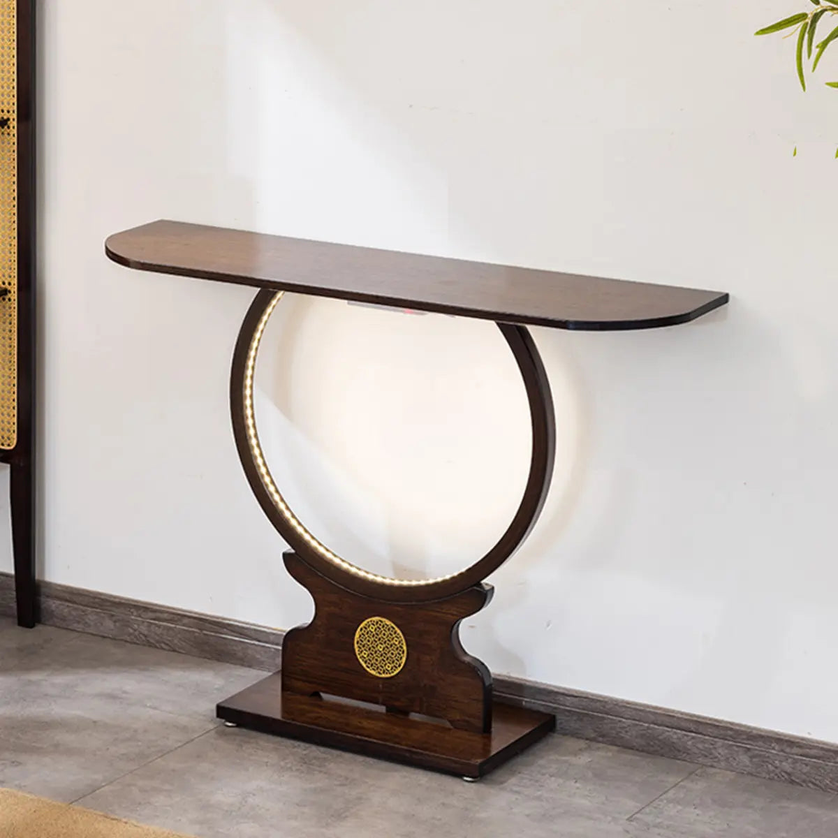 Traditional Dark Brown Circle Wood LED Console Table Image - 3