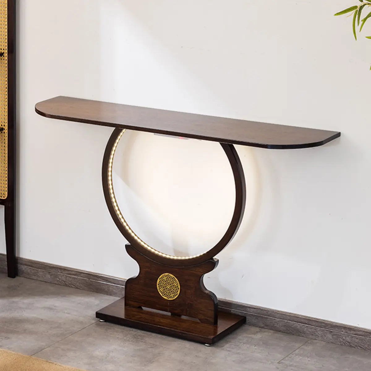 Traditional Dark Brown Circle Wood LED Console Table Image - 4